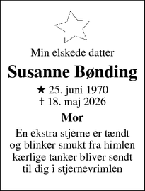 Dødsannoncen for Susanne B&oslash;nding - Bustrup