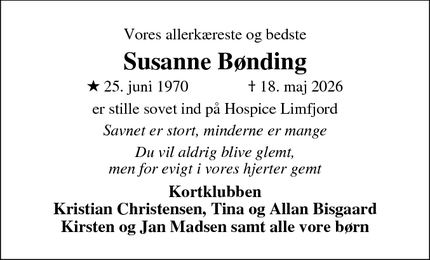 Dødsannoncen for Susanne B&oslash;nding - Lem