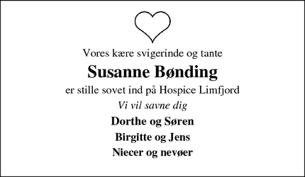 Dødsannoncen for Susanne B&oslash;nding - Spøttrup