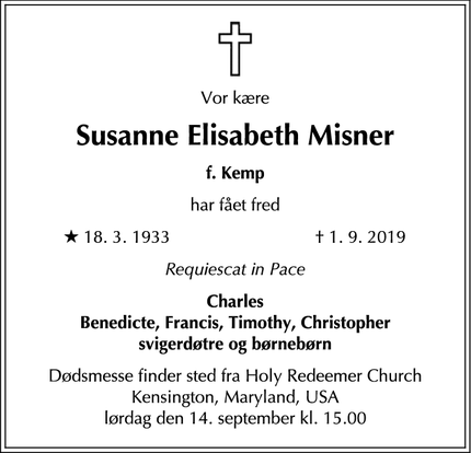 Dødsannoncen for Susanne Elisabeth Misner - Kensington, Maryland, USA