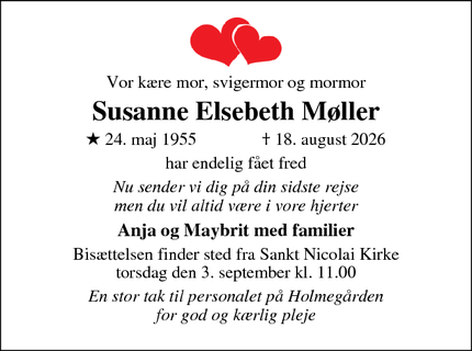 Dødsannoncen for Susanne Elsebeth M&oslash;ller - Vejle