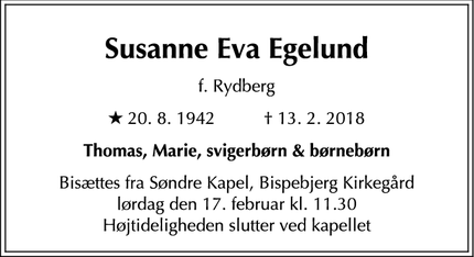 Dødsannoncen for Susanne Eva Egelund - Hellerup