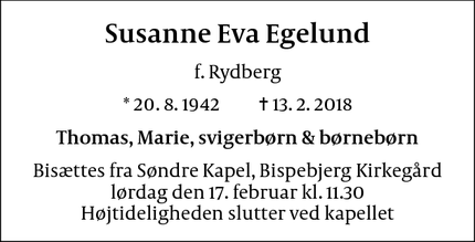 Dødsannoncen for Susanne Eva Egelund - Hellerup