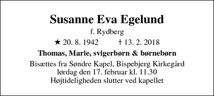 Dødsannoncen for Susanne Eva Egelund - Hellerup
