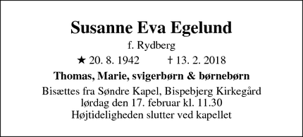 Dødsannoncen for Susanne Eva Egelund - Hellerup