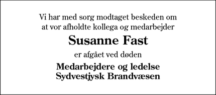 Dødsannoncen for Susanne Fast - Varde