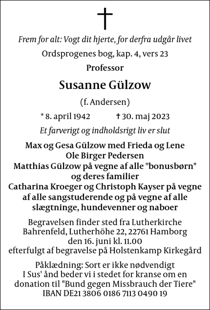 Dødsannoncen for Susanne Gülzow - København