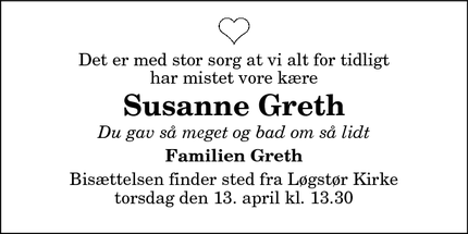 Dødsannoncen for Susanne Greth - Løgstør