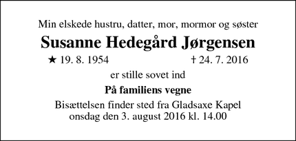 Dødsannoncen for Susanne Hedegård Jørgensen - Bagsværd
