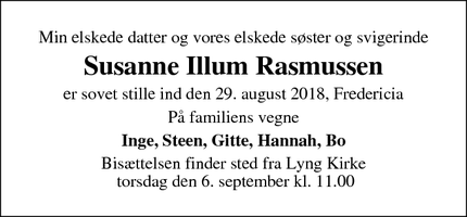 Dødsannoncen for Susanne Illum Rasmussen - fredericia