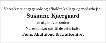 Dødsannoncen for Susanne Kjærgaard - Esbjerg