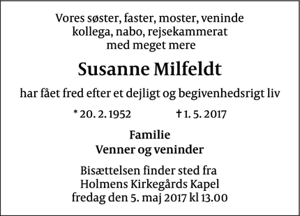 Dødsannoncen for Susanne Milfeldt - København, Danmark