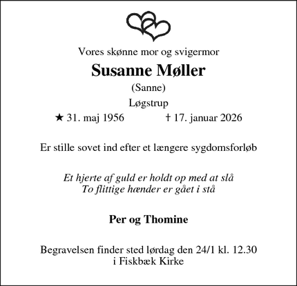Dødsannoncen for Susanne M&oslash;ller - Løgstrup 