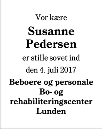 Dødsannoncen for Susanne Pedersen - Varde