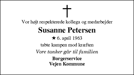 Dødsannoncen for Susanne Petersen - Store Andst