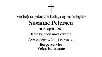 Dødsannoncen for Susanne Petersen - Store Andst