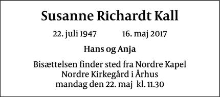 Dødsannoncen for Susanne Richardt Kall - Aarhus