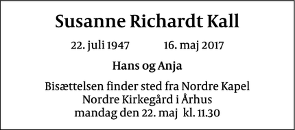 Dødsannoncen for Susanne Richardt Kall - Aarhus