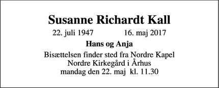 Dødsannoncen for Susanne Richardt Kall - Aarhus