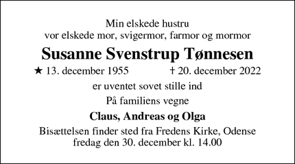 Dødsannoncen for Susanne Svenstrup Tønnesen - Odense M