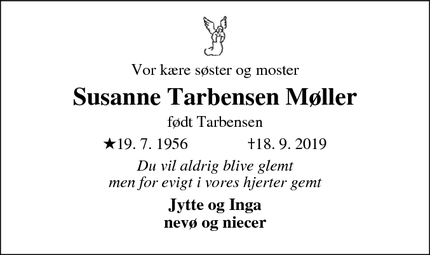 Dødsannoncen for Susanne Tarbensen Møller - Esbjerg
