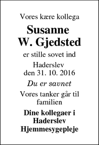 Dødsannoncen for Susanne 
W. Gjedsted - Haderslev