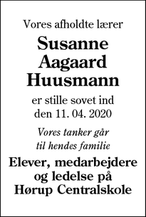 Dødsannoncen for Susanne
Aagaard
Huusmann - Augustenborg