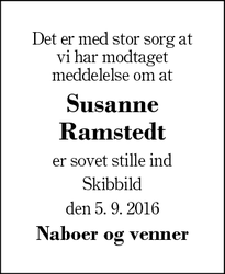 Dødsannoncen for Susanne Ramstedt - Skibbild