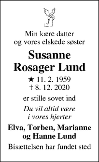 Dødsannoncen for Susanne
Rosager Lund - Nyborg
