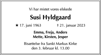 Dødsannoncen for Susi Hyldgaard - Frederiksberg