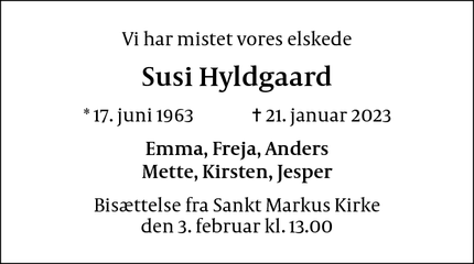 Dødsannoncen for Susi Hyldgaard - Frederiksberg