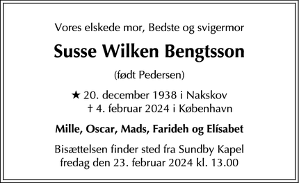 Dødsannoncen for Susse Wilken Bengtsson - København S