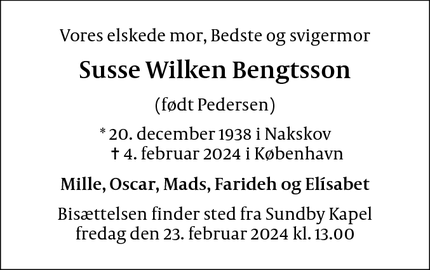 Dødsannoncen for Susse Wilken Bengtsson - København S