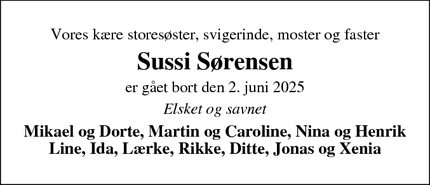 Dødsannoncen for Sussi Sørensen - Aarhus N