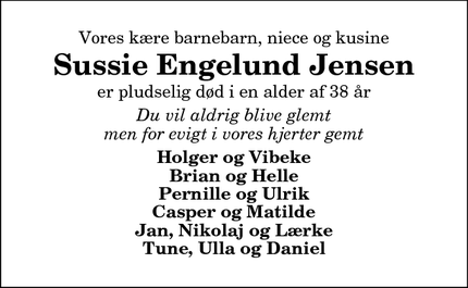 Dødsannoncen for Sussie Engelund Jensen - Klokkerholm tidl. Nørresundby