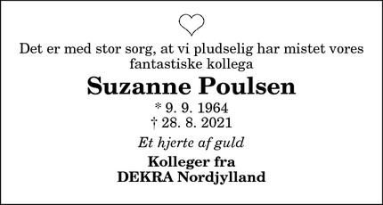 Dødsannoncen for Suzanne Poulsen - Nørresundby