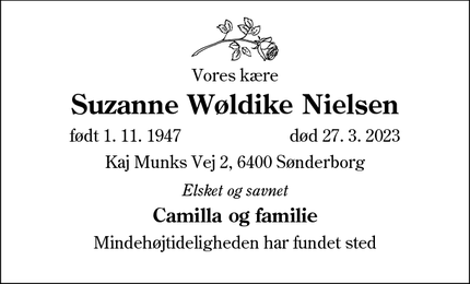Dødsannoncen for Suzanne Wøldike Nielsen - Sønderborg