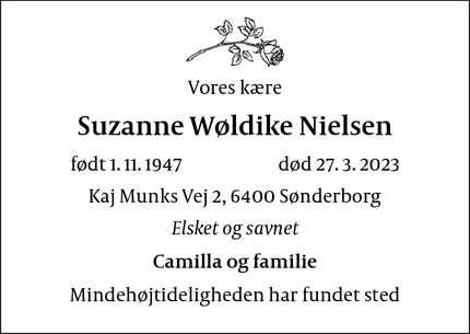 Dødsannoncen for Suzanne Wøldike Nielsen - Sønderborg