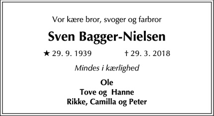 Dødsannoncen for Sven Bagger-Nielsen - København 