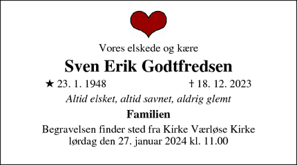 Dødsannoncen for Sven Erik Godtfredsen - Værløse