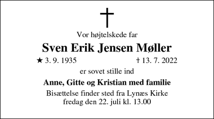 Dødsannoncen for Sven Erik Jensen Møller - Stege