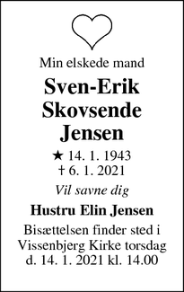 Dødsannoncen for Sven-Erik
Skovsende Jensen - Vissenbjerg