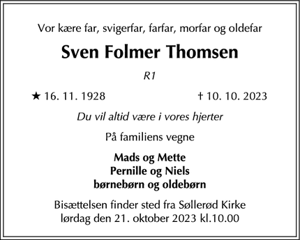 Dødsannoncen for Sven Folmer Thomsen - Hørsholm