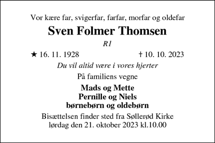 Dødsannoncen for Sven Folmer Thomsen - Hørsholm