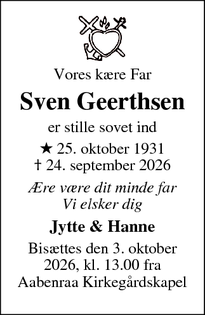 Dødsannoncen for Sven Geerthsen - Rødekro