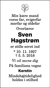 Dødsannoncen for Sven Hagstrøm  - MARIBO