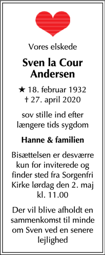 Dødsannoncen for Sven la Cour Andersen - Kgs. Lyngby