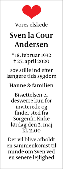 Dødsannoncen for Sven la Cour Andersen - Kgs. Lyngby