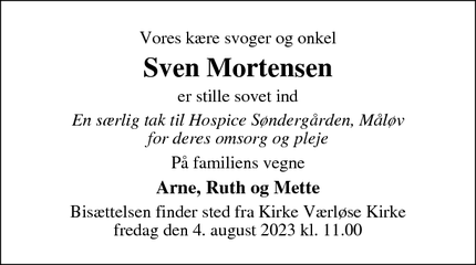 Dødsannoncen for Sven Mortensen - Værløse