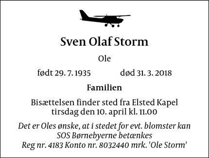 Dødsannoncen for Sven Olaf Storm - Lystrup